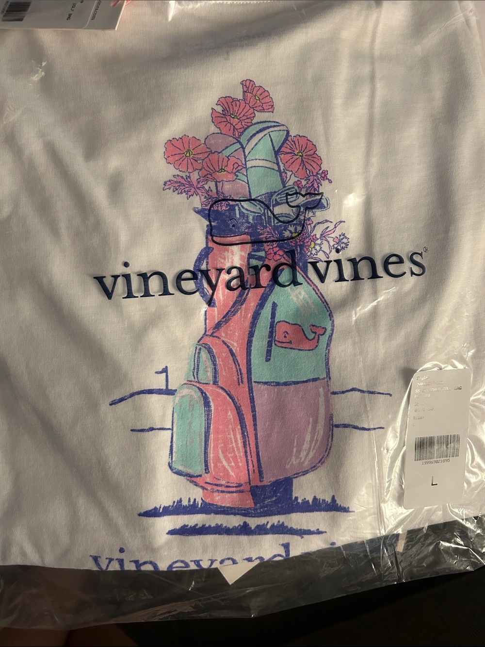 Vineyard Vines White Tee with Pink and Mint Golf Bag Graphic